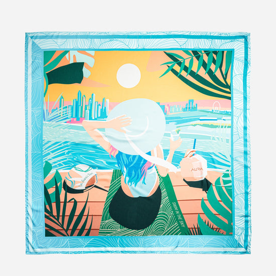 Dubai Skyline Silk Scarf in Sky Blue, full flat lay of the illustrated skyline scene
