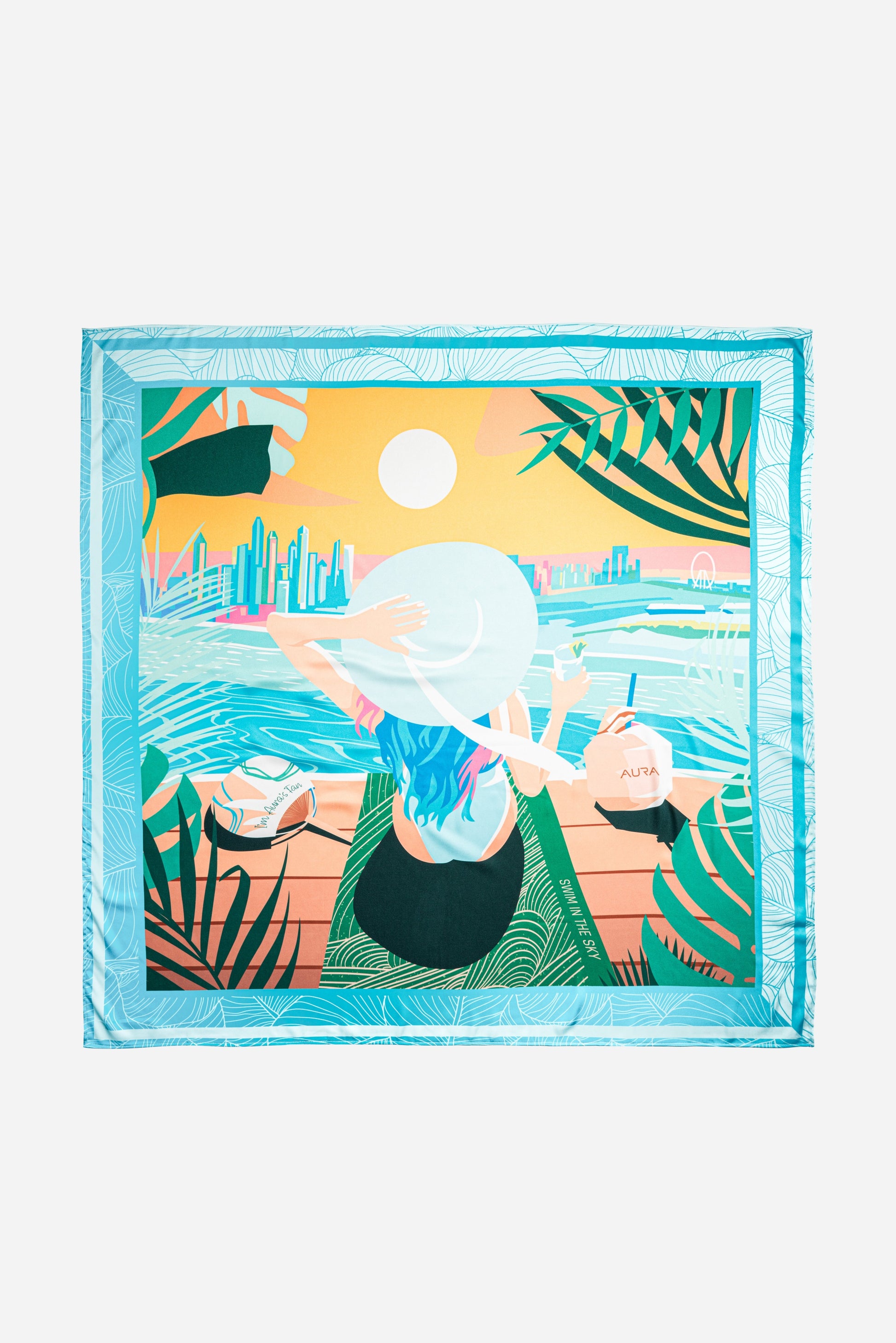 Dubai Skyline Silk Scarf in Sky Blue, full flat lay of the illustrated skyline scene