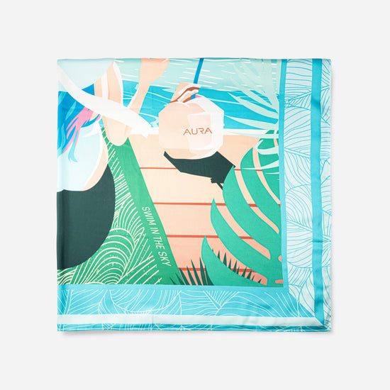 Dubai Skyline Silk Scarf in Sky Blue, cropped flat lay of the illustrated scene