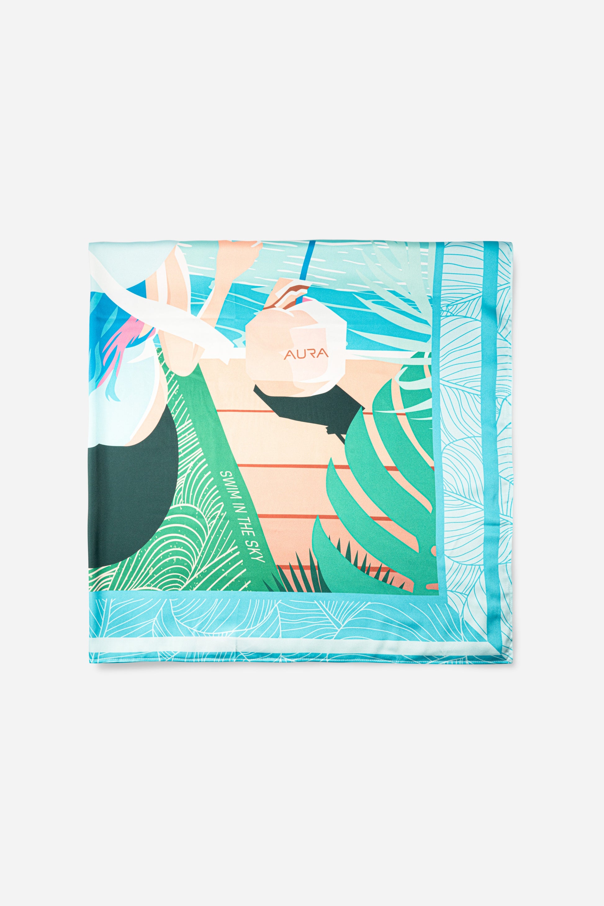 Dubai Skyline Silk Scarf in Sky Blue, cropped flat lay of the illustrated scene
