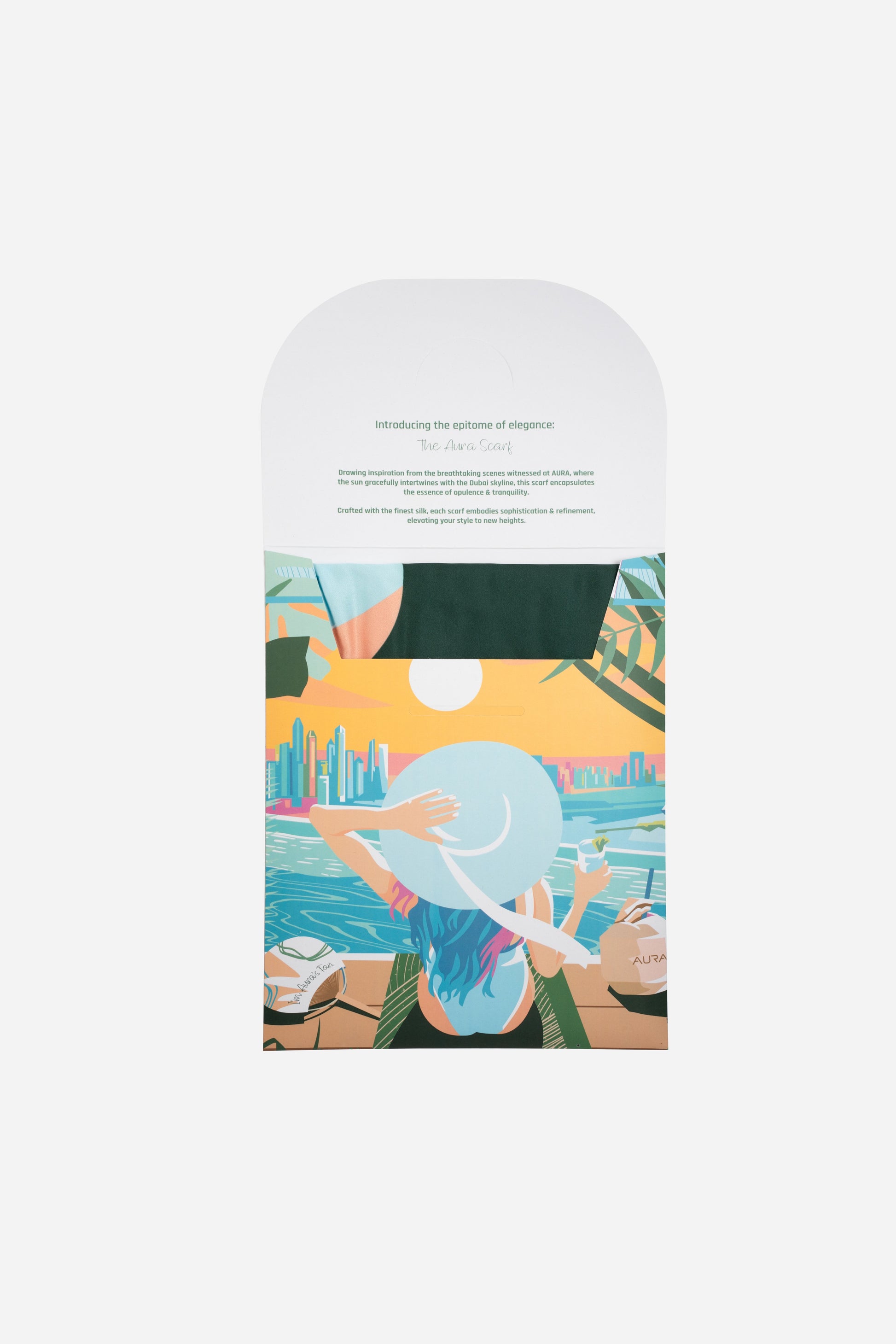 Dubai Skyline Silk Scarf in Sky Blue, packaging envelope with AURA scarf description