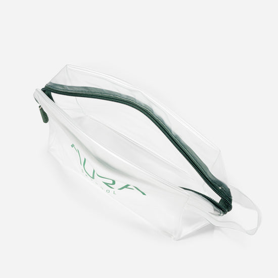 AURA Essential Pouch, clear frosted PVC with dark green zip