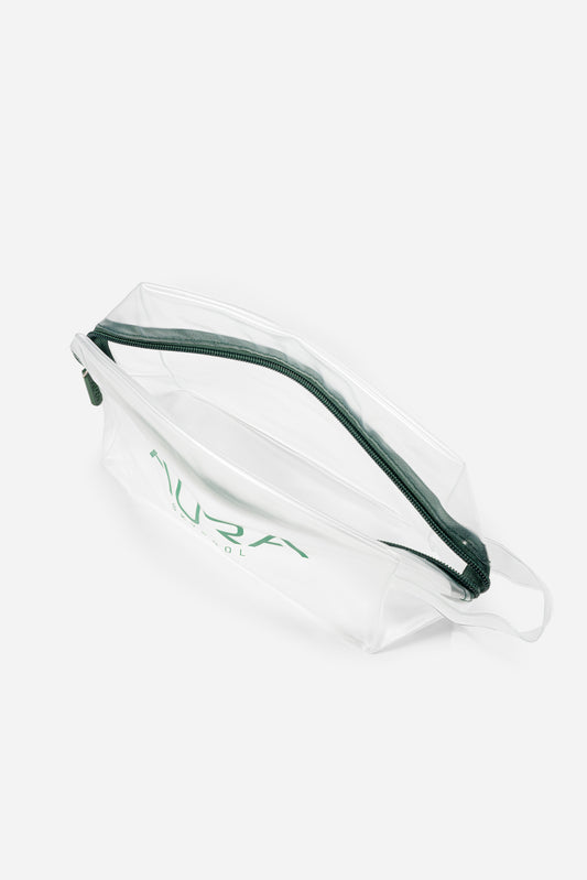 AURA Essential Pouch, clear frosted PVC with dark green zip