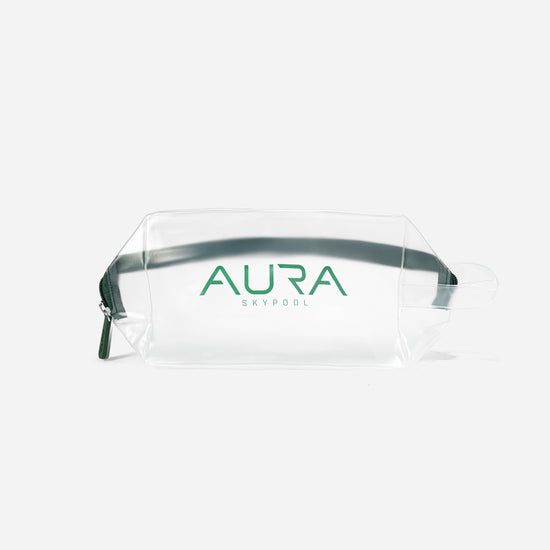 Essential Pouch in clear PVC with AURA Skypool logo print and green zip pull