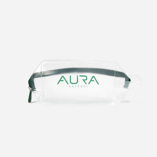 Essential Pouch in clear PVC with AURA Skypool logo print and green zip pull