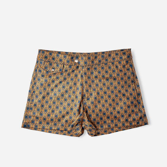 Mariner Monogram Swim Shorts in Midnight Mirage, front flat lay, full geometric print