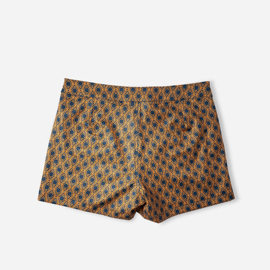 Mariner Monogram Swim Shorts in Midnight Mirage, back flat lay, full geometric print