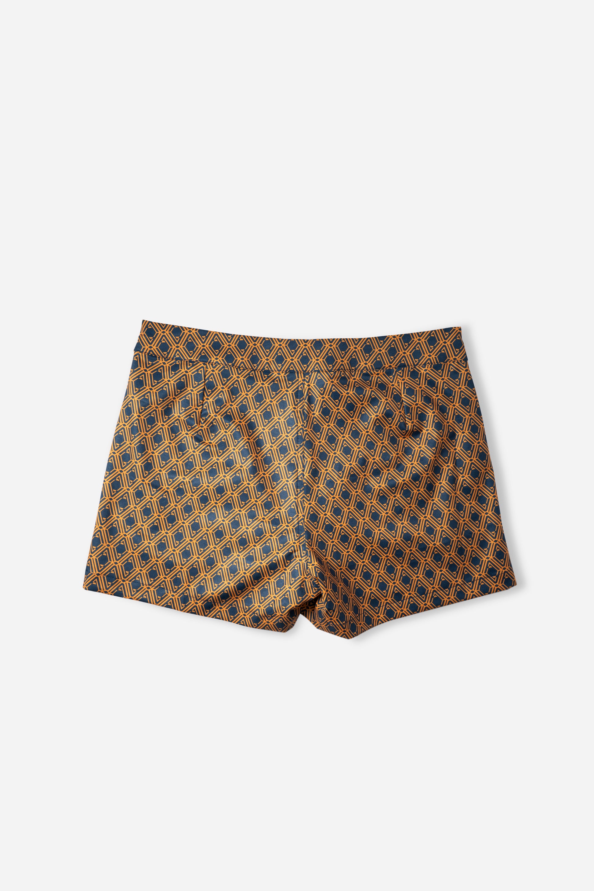 Mariner Monogram Swim Shorts in Midnight Mirage, back flat lay, full geometric print