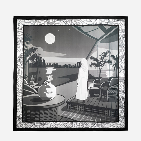 Monochrome Skyline Silk Scarf, full flat lay of the night skyline print