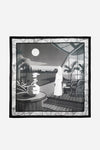 Monochrome Skyline Silk Scarf, full flat lay of the night skyline print