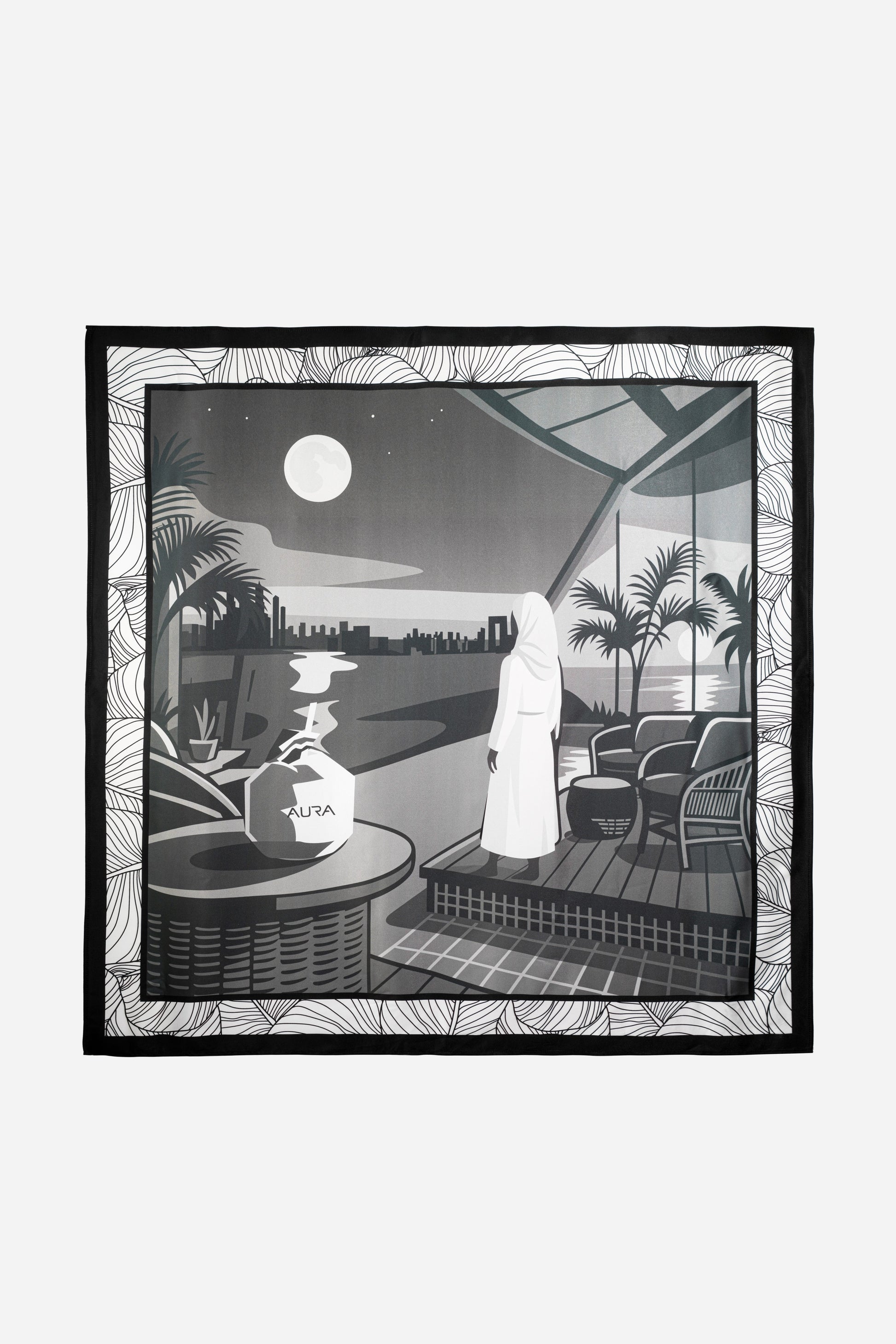 Monochrome Skyline Silk Scarf, full flat lay of the night skyline print