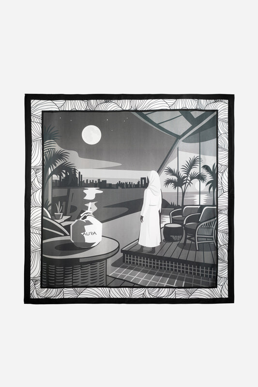 Monochrome Skyline Silk Scarf, full flat lay of the night skyline print