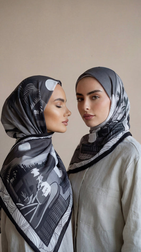 Monochrome Skyline Silk Scarf styled as hijabs on two models