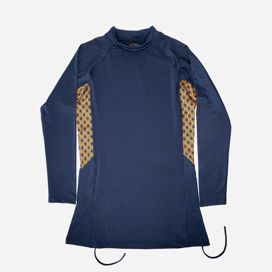 Monogram Burkini top in Midnight Mirage, front flat lay with print side panels
