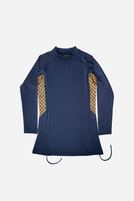 Monogram Burkini top in Midnight Mirage, front flat lay with print side panels