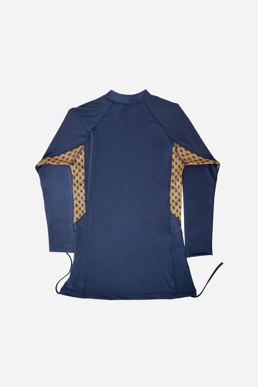 Monogram Burkini top in Midnight Mirage, back flat lay showing drawstring hem