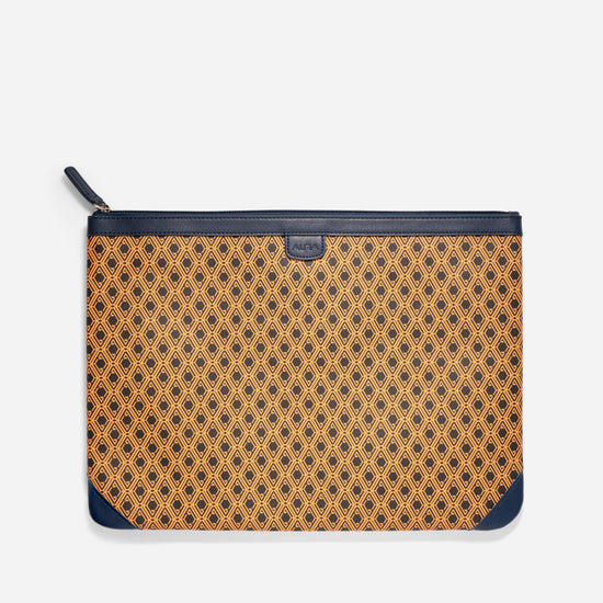AURA Laptop Sleeve with navy leather trim and orange monogram print panel