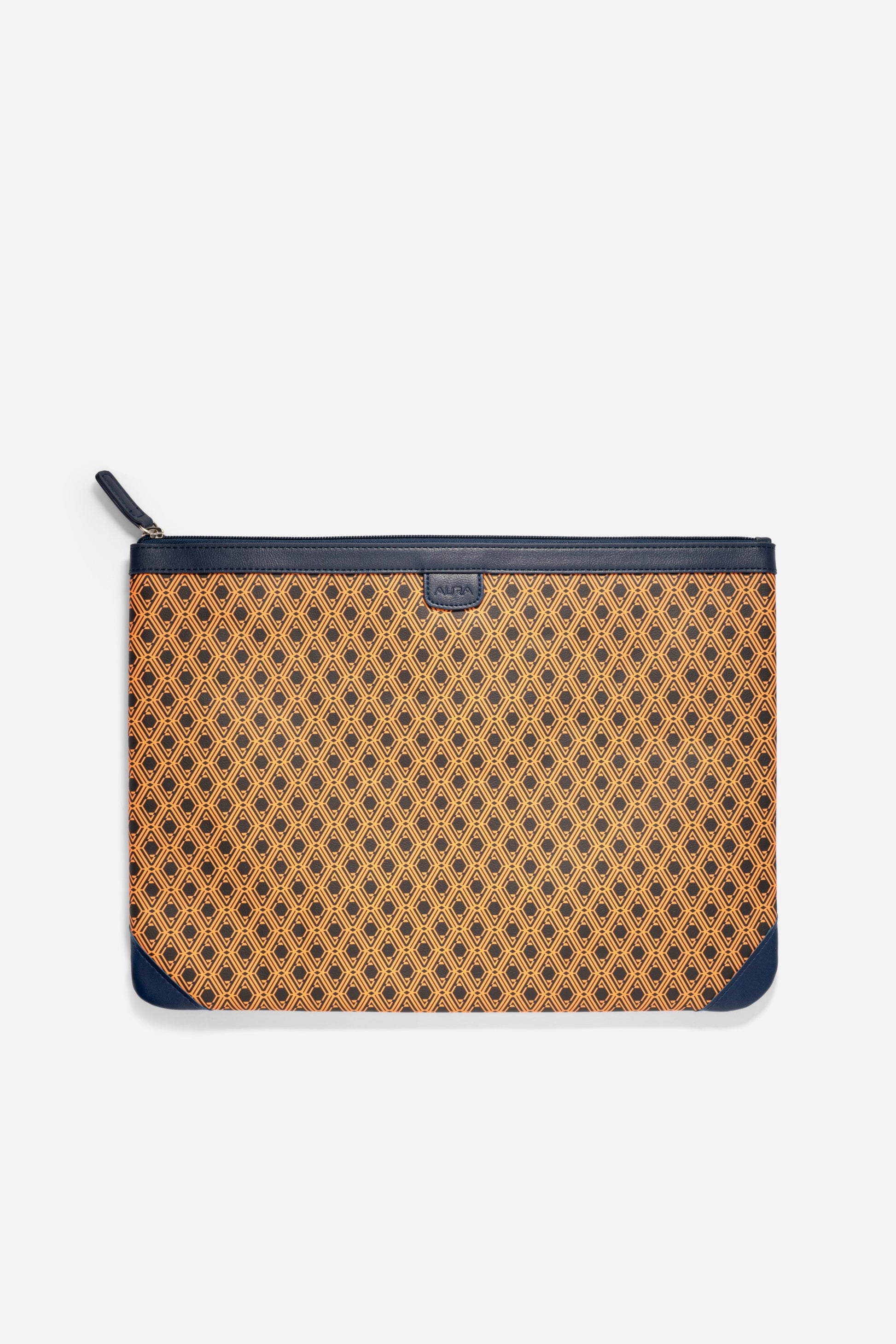 AURA Laptop Sleeve with navy leather trim and orange monogram print panel