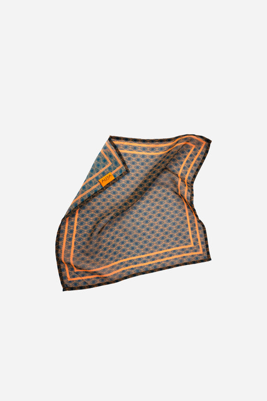 Monogram Mini Scarf in Midnight Mirage, bunched showing the AURA label and orange border