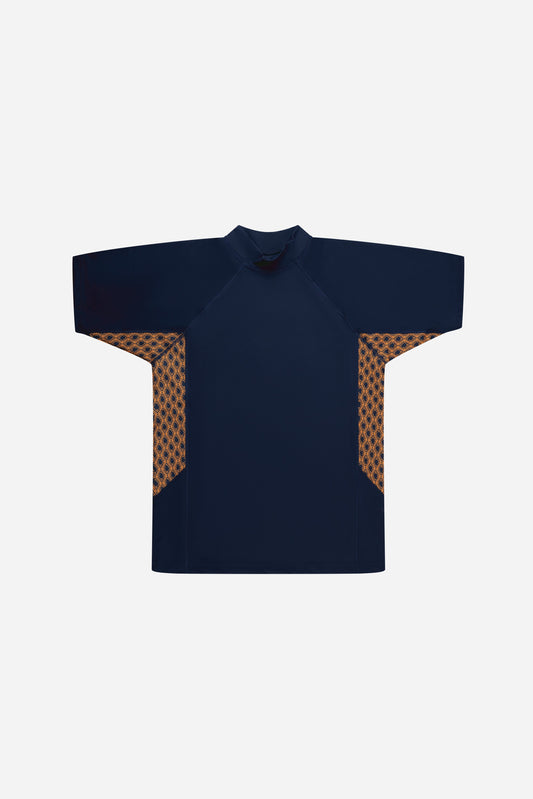 Monogram Rashguard Short Sleeve in Midnight Mirage, front flat lay with print side panels