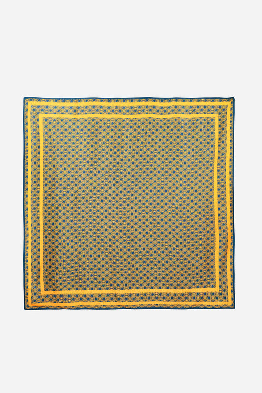 Monogram Silk Scarf in Midnight Mirage, full flat lay of the navy and gold diamond print