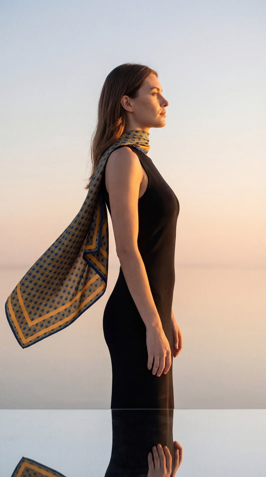 AURA Monogram Silk Scarf in Midnight Mirage, worn draped over one shoulder