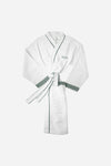AURA Waffle Robe in white with evergreen monogram print cuffs and tie belt
