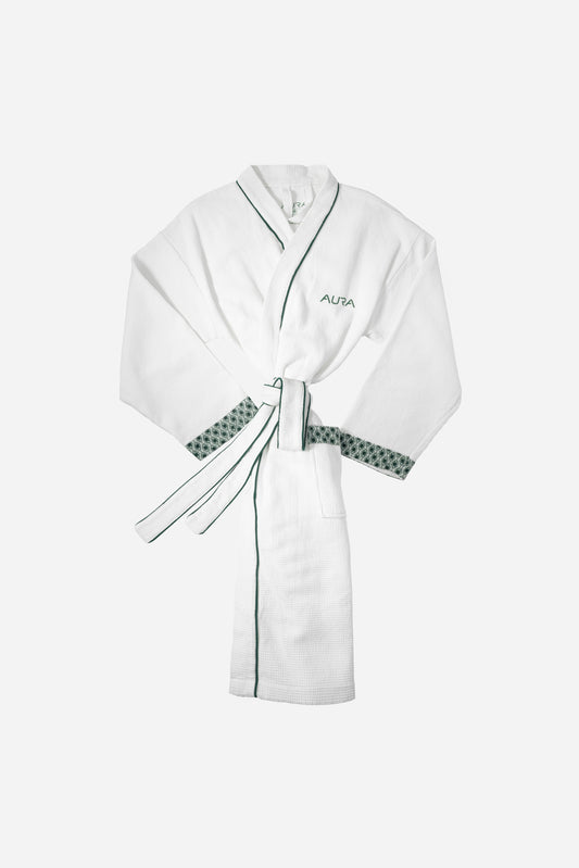 AURA Waffle Robe in white with evergreen monogram print cuffs and tie belt