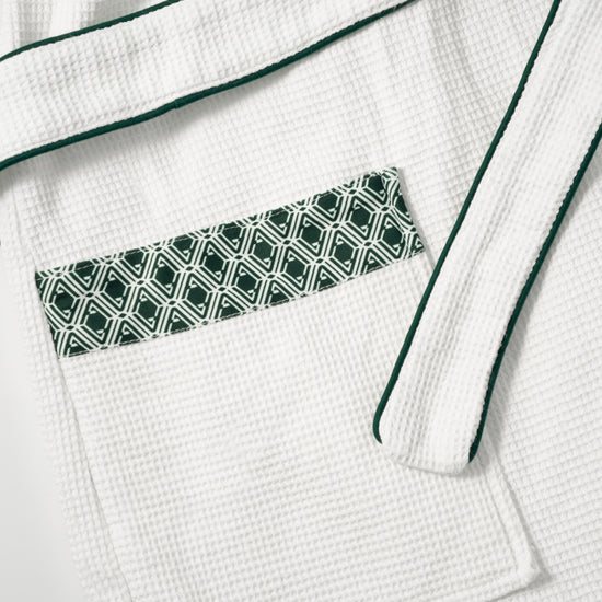 Waffle Robe pocket detail showing evergreen AURA monogram print trim