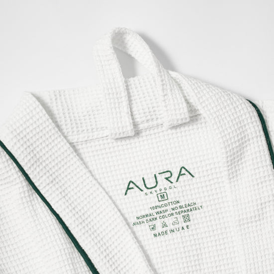 AURA Skypool care label on Waffle Robe, 100% cotton, made in UAE