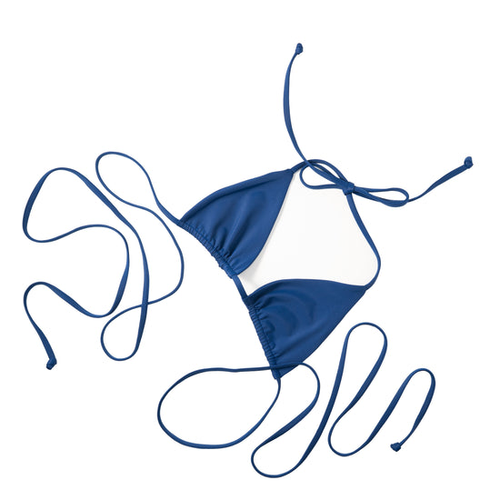 Nomad horizon blue bikini top laid flat showing long tie straps