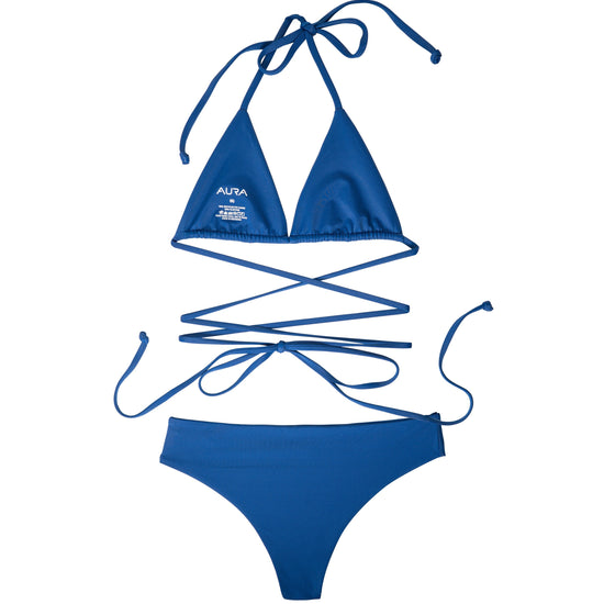 Nomad horizon blue bikini set with AURA branded tag on top