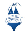 Nomad horizon blue bikini set with AURA branded tag on top