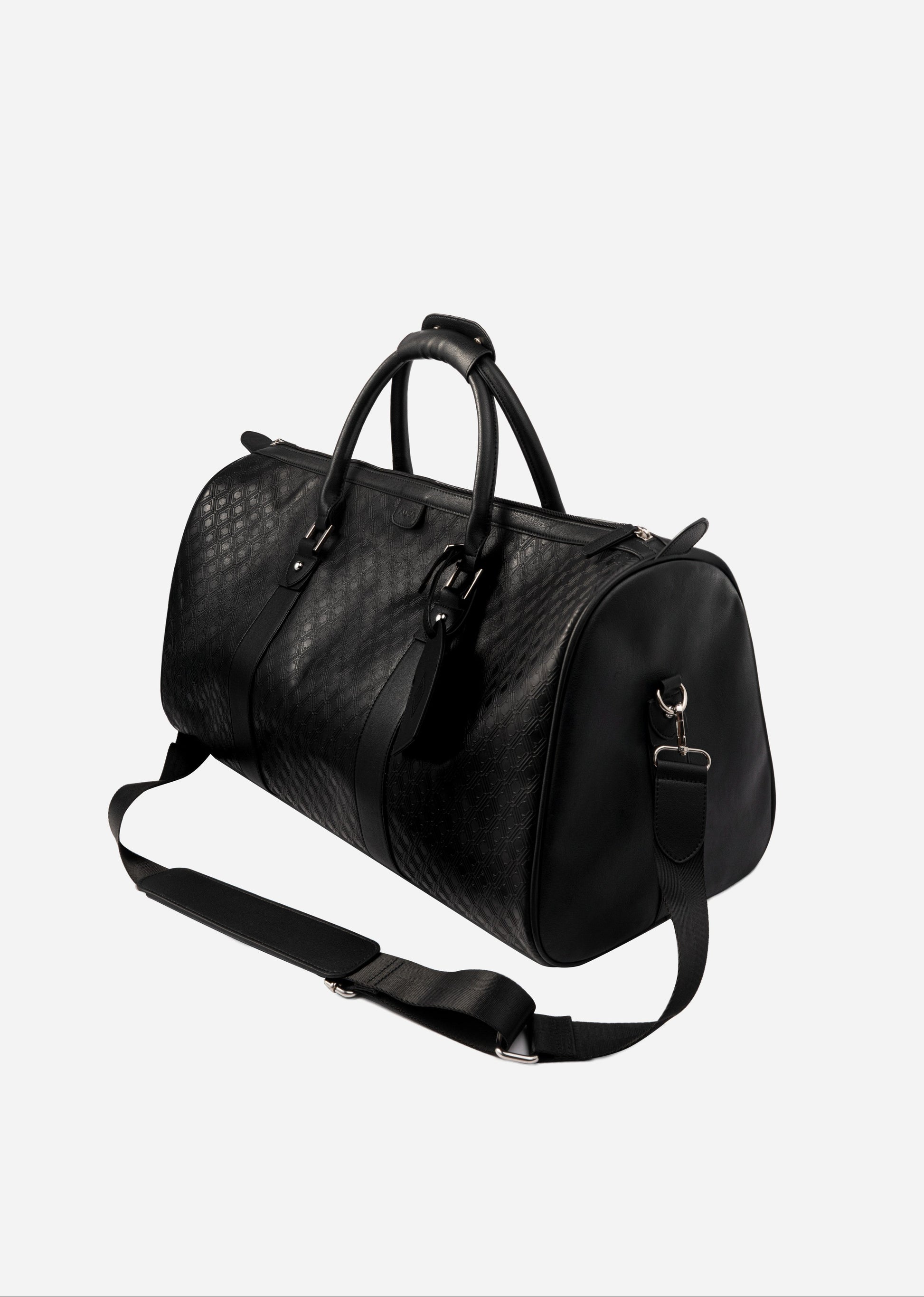 Pinnacle Duffle monogram black three-quarter view with shoulder strap