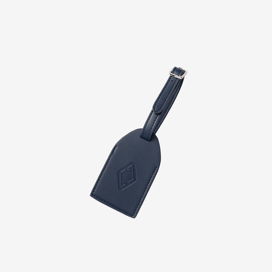 AURA Luggage Tag in Horizon Blue, leather tag with embossed logo and buckle strap