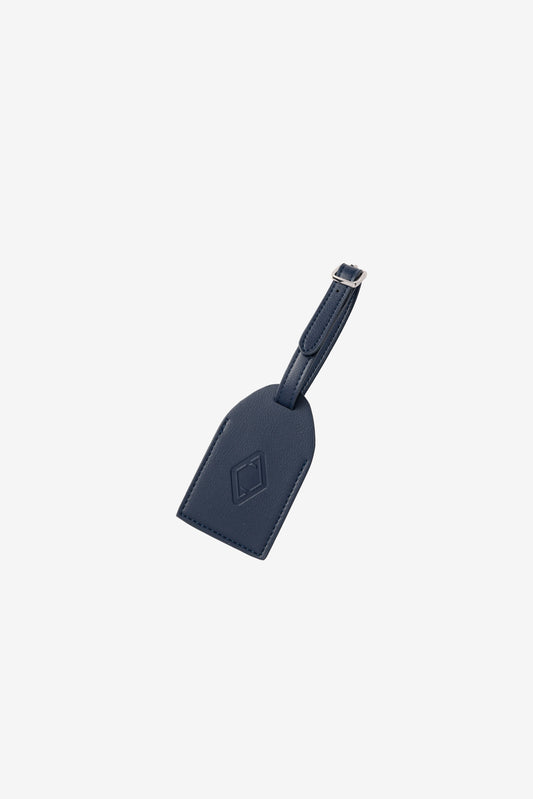 AURA Luggage Tag in Horizon Blue, leather tag with embossed logo and buckle strap