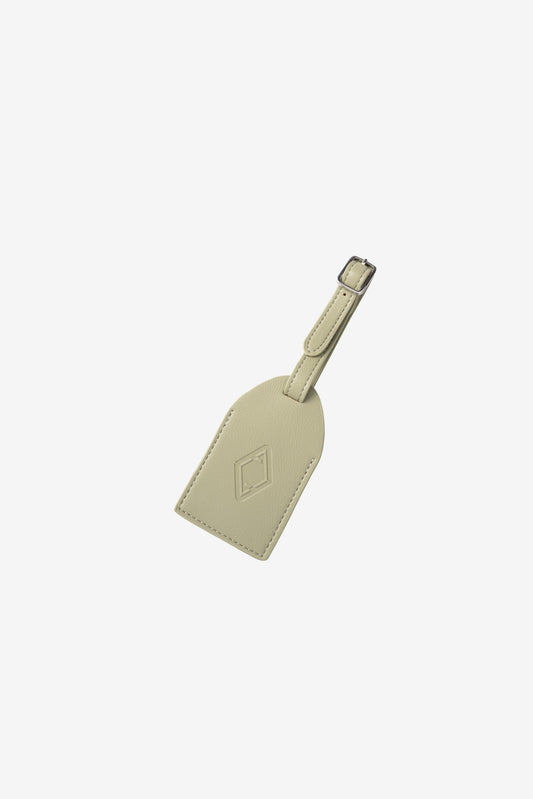AURA Luggage Tag in Olive Green, leather tag with embossed logo and buckle strap