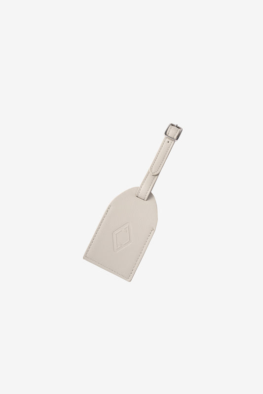 AURA Luggage Tag in Silver Grey, leather tag with embossed logo and buckle strap