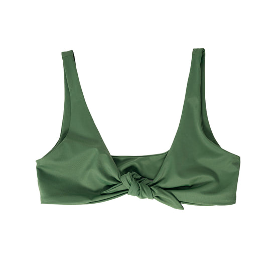 AURA Riviera bikini top in evergreen with wide scoop straps and front tie knot