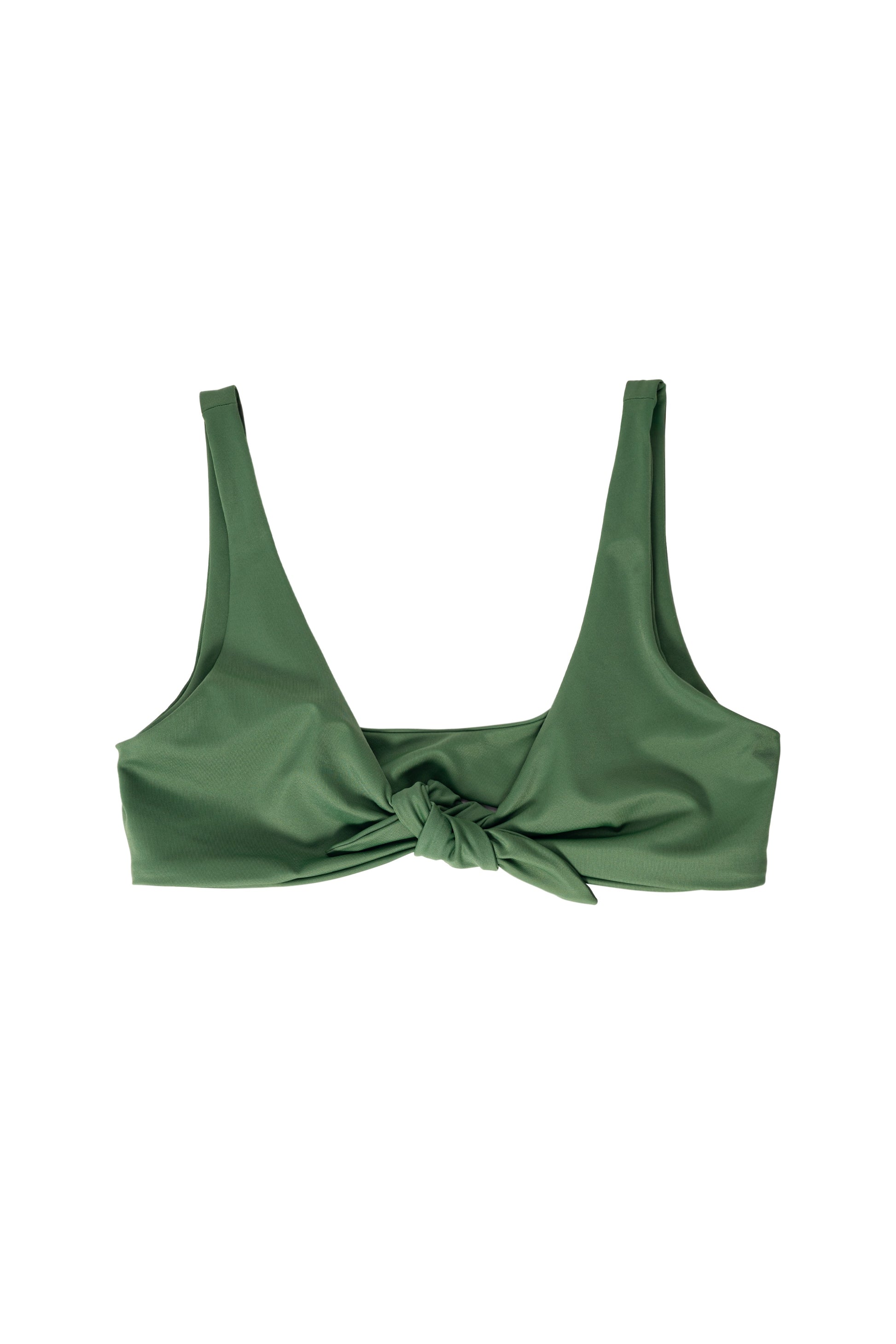 AURA Riviera bikini top in evergreen with wide scoop straps and front tie knot