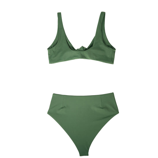 Riviera evergreen bikini top and high-waisted bottom laid flat together