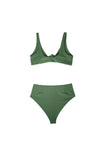 Riviera evergreen bikini top and high-waisted bottom laid flat together
