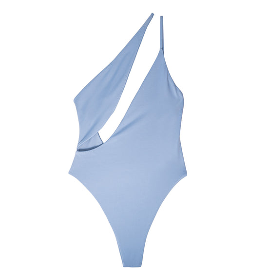 AURA Sirene one-piece swimsuit in luma blue with asymmetric cutout shoulder