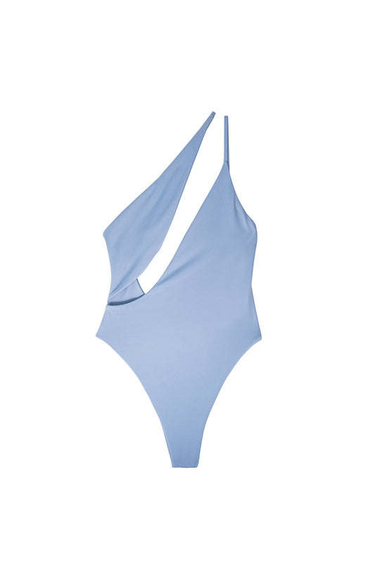 AURA Sirene one-piece swimsuit in luma blue with asymmetric cutout shoulder