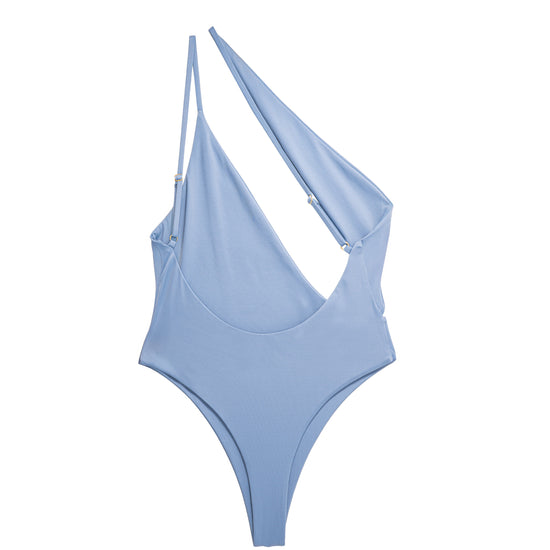 Sirene luma blue swimsuit side view showing adjustable strap hardware