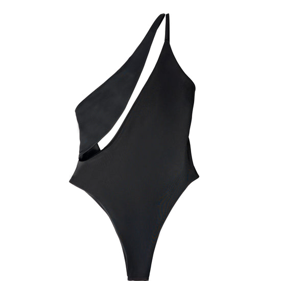 AURA Sirene one-piece swimsuit in night black with asymmetric cutout shoulder