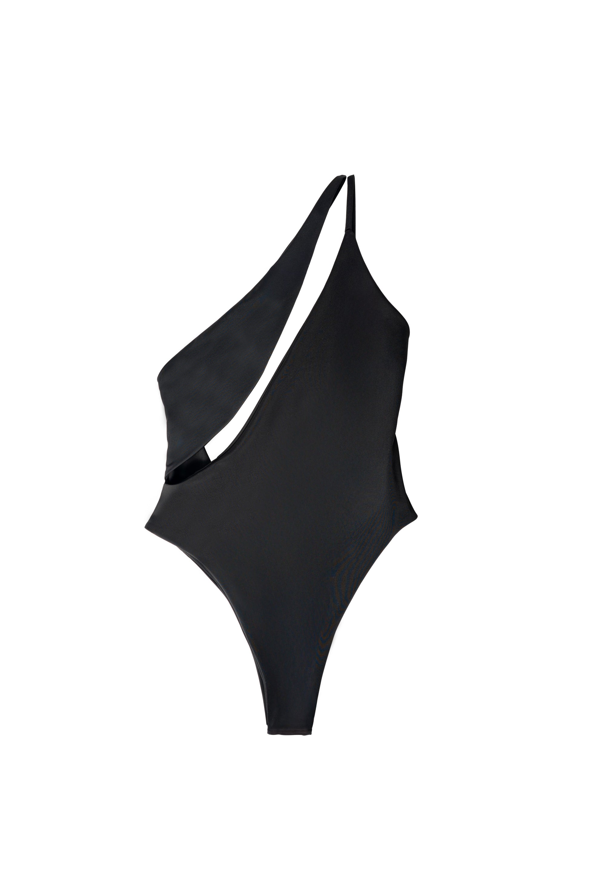 AURA Sirene one-piece swimsuit in night black with asymmetric cutout shoulder