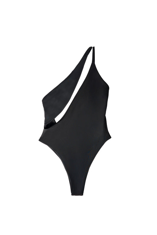 AURA Sirene one-piece swimsuit in night black with asymmetric cutout shoulder