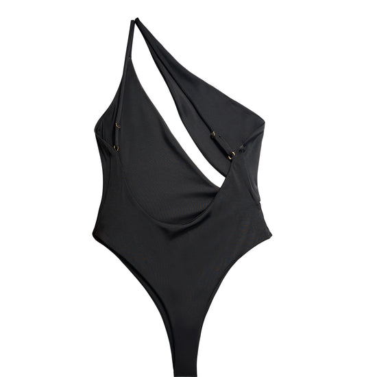 Sirene night black swimsuit showing gold hardware ring strap detail