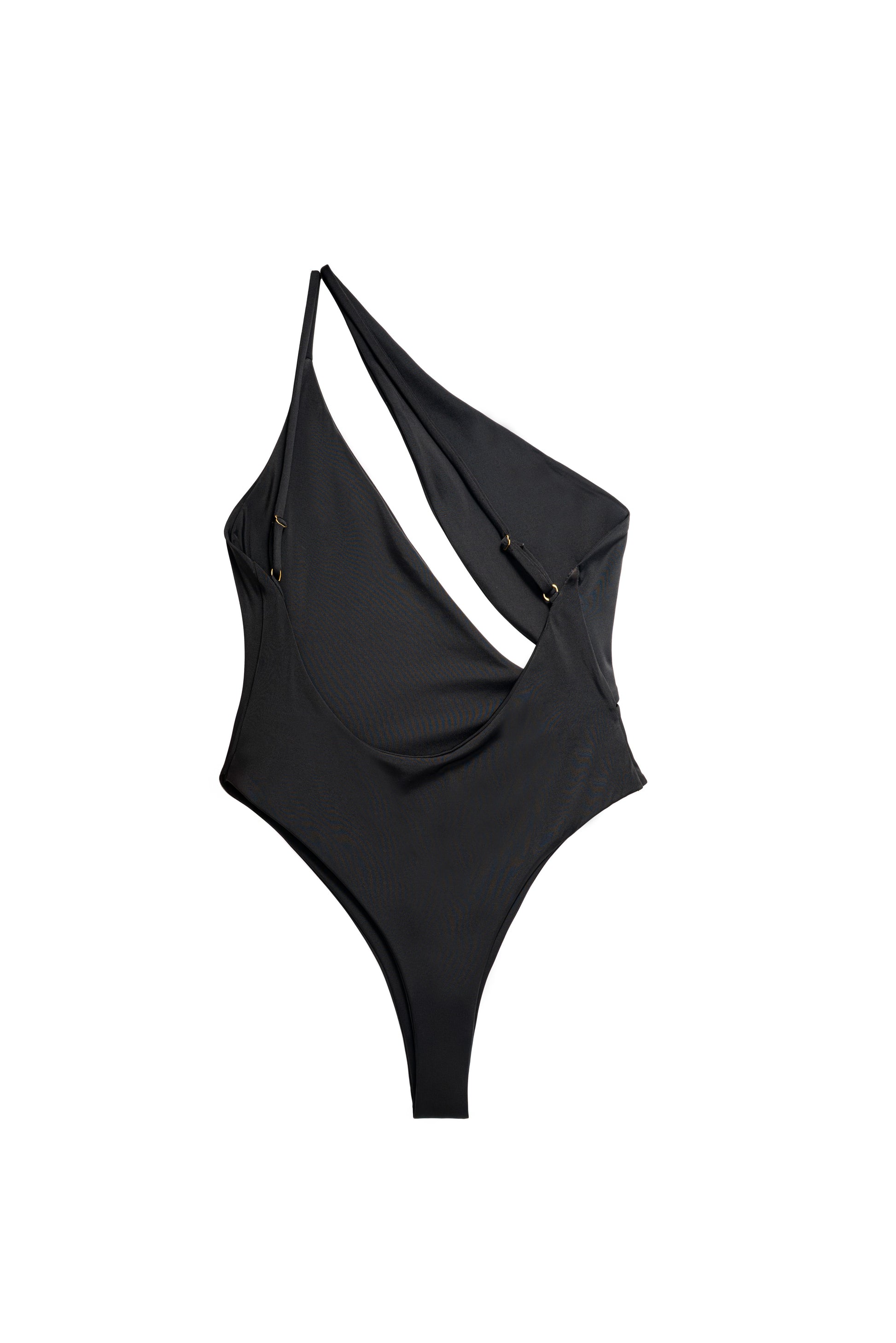 Sirene night black swimsuit showing gold hardware ring strap detail